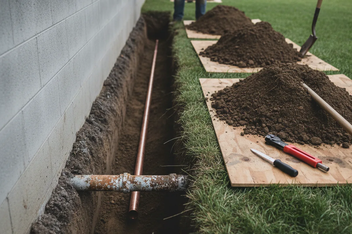 Excavated water line trench during Water Softener Installation in Broussard